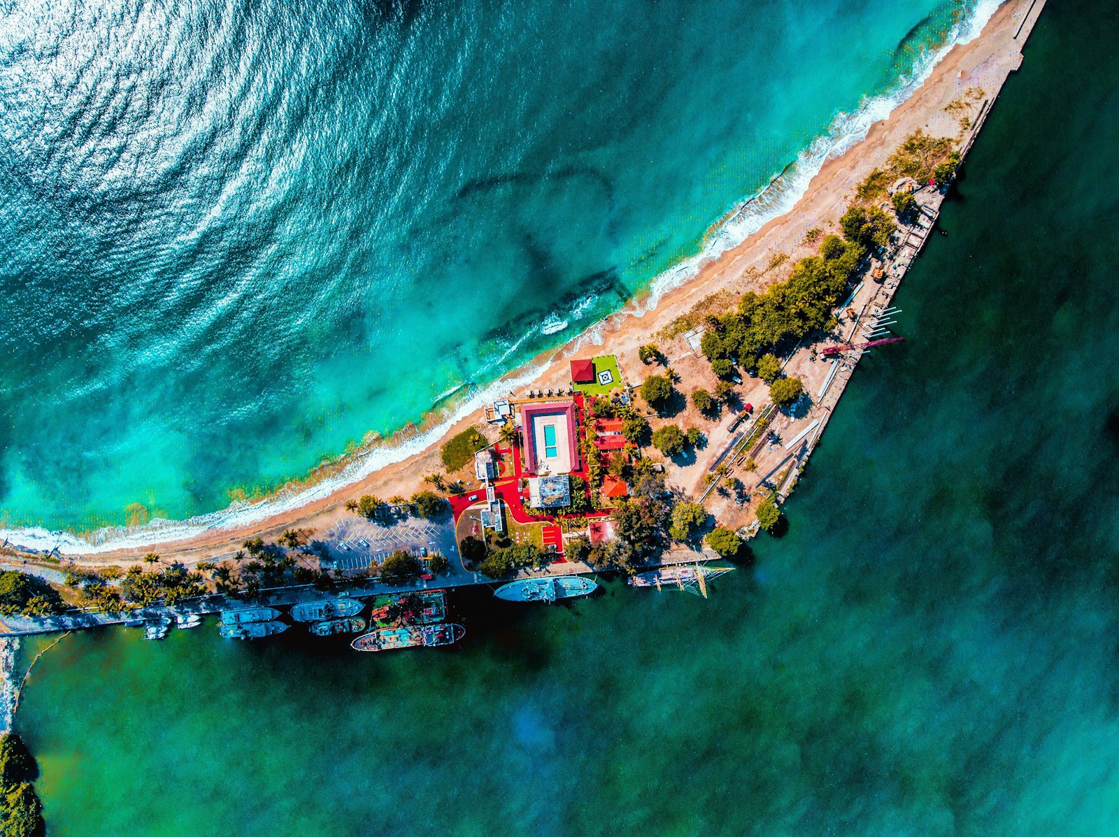Aerial view of the Sans Souci port peninsula and Caribbean coastline in Santo Domingo Este, Dominican Republic
