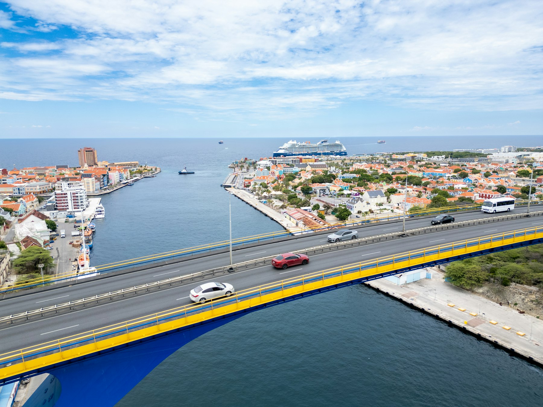 Aerial view of Willemstad, Curaçao, Caribbean, featuring the Queen Juliana Bridge